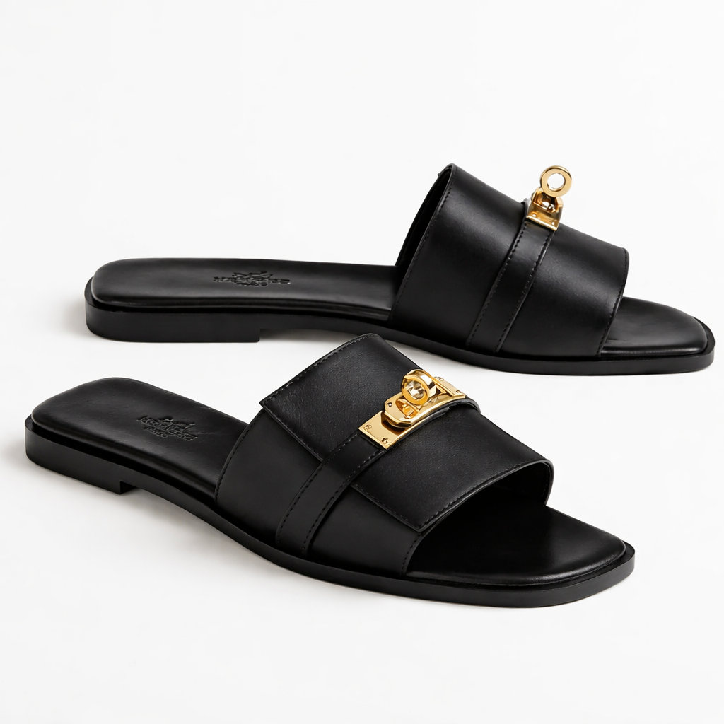 Luxury Black Leather Slides – Gold Detail Flat Sandals