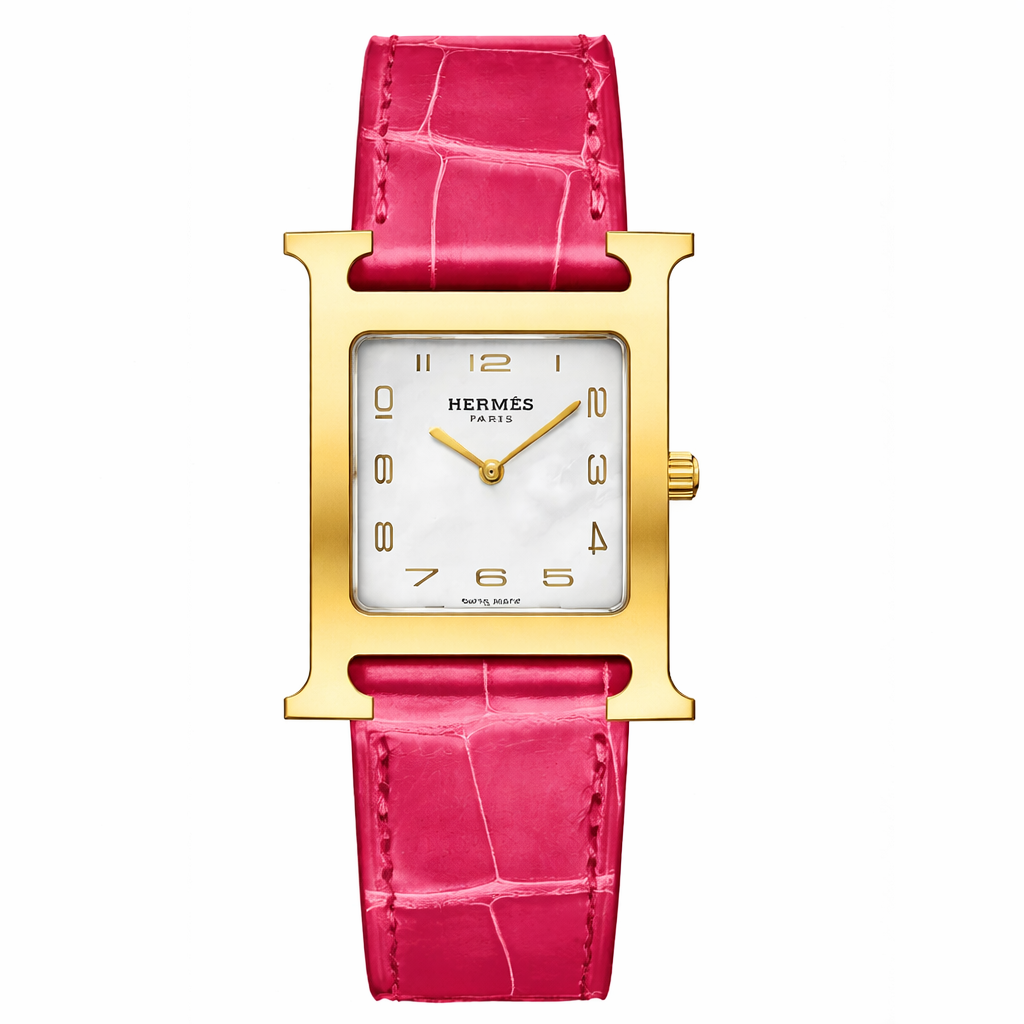 Luxury H Square Watch – 18K Gold Plated Frame & Genuine Leather Strap