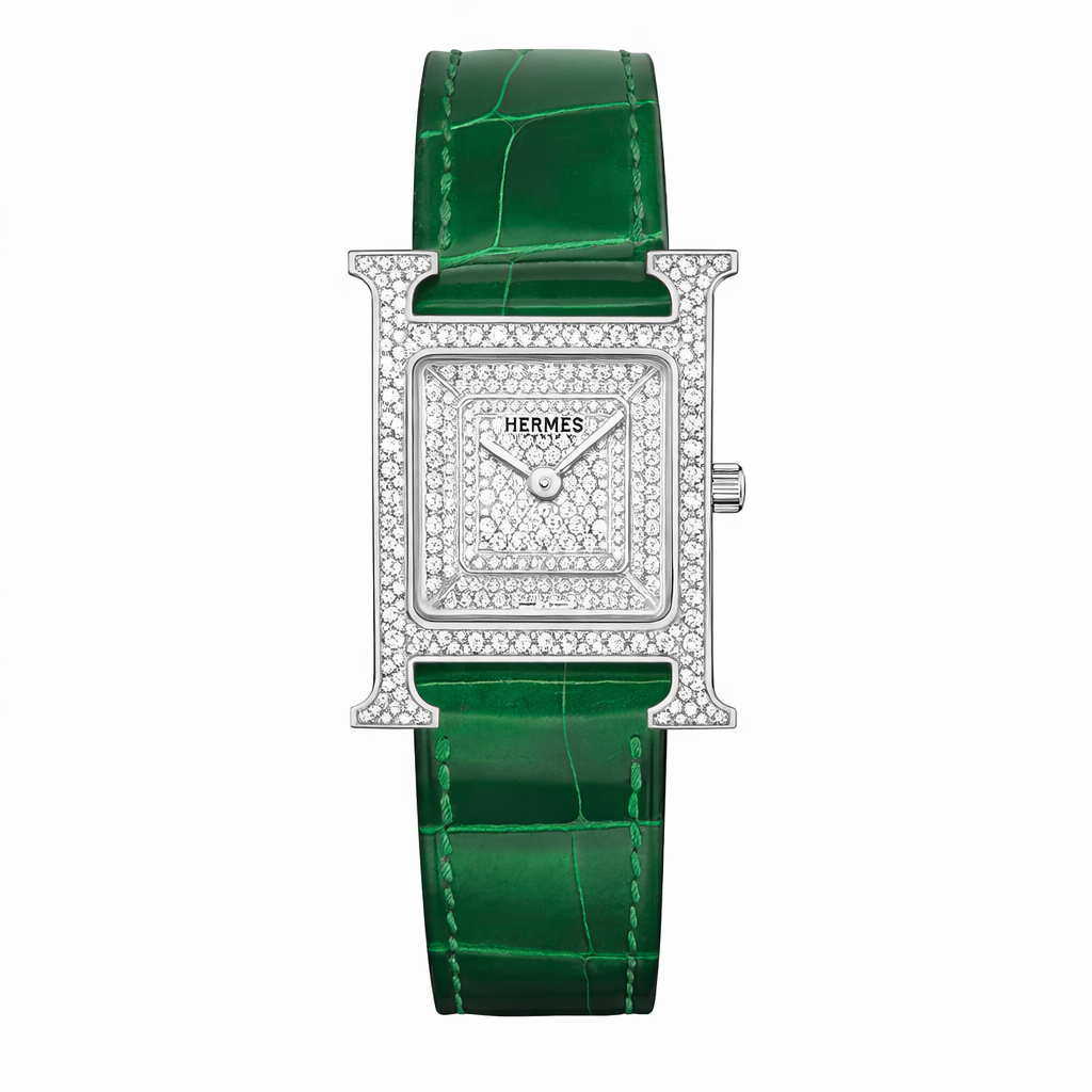 Luxury Diamond H Watch – 18K White Gold Plated Frame & Genuine Leather Strap