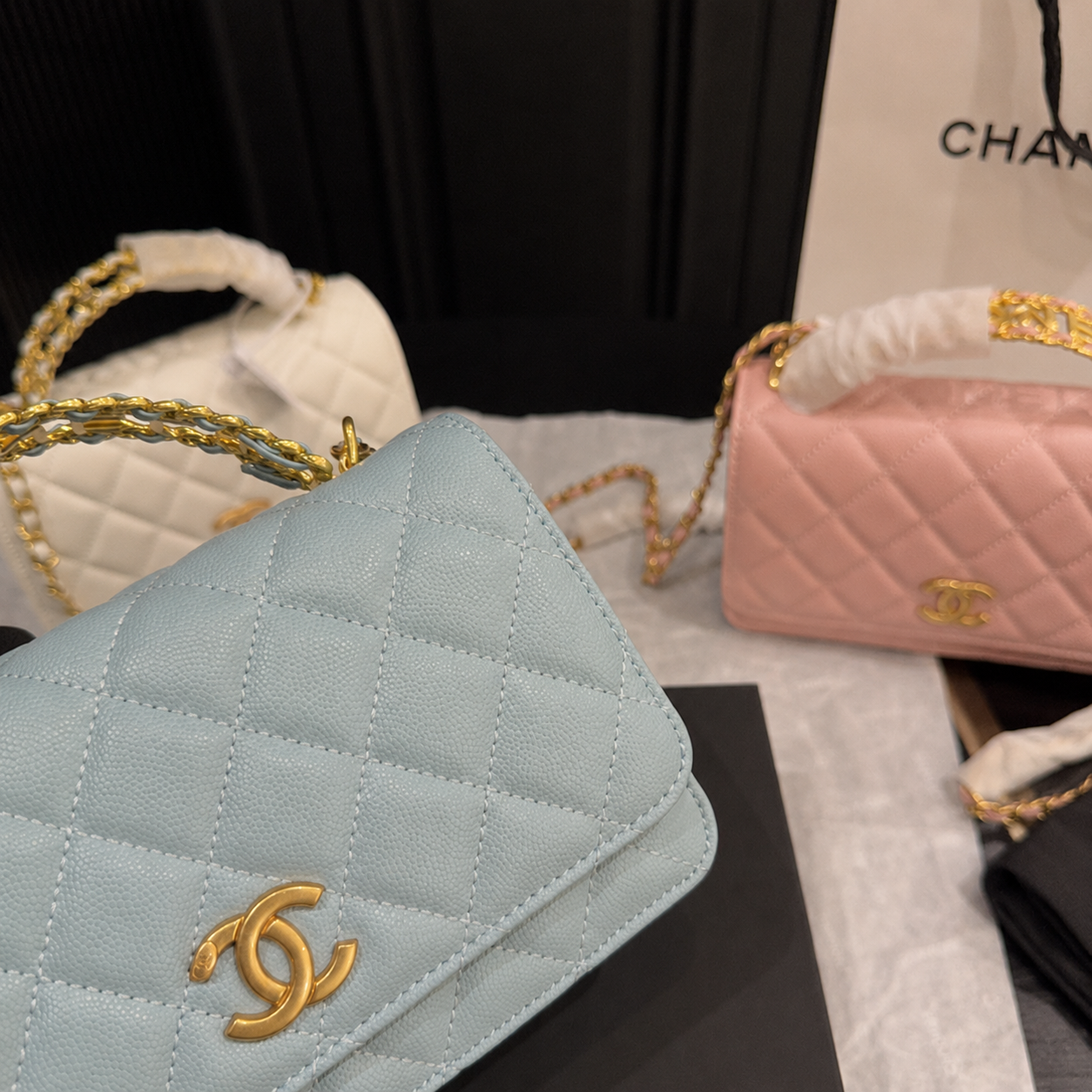 Pastel Blue Quilted Chain Shoulder Bag with Gold Hardware