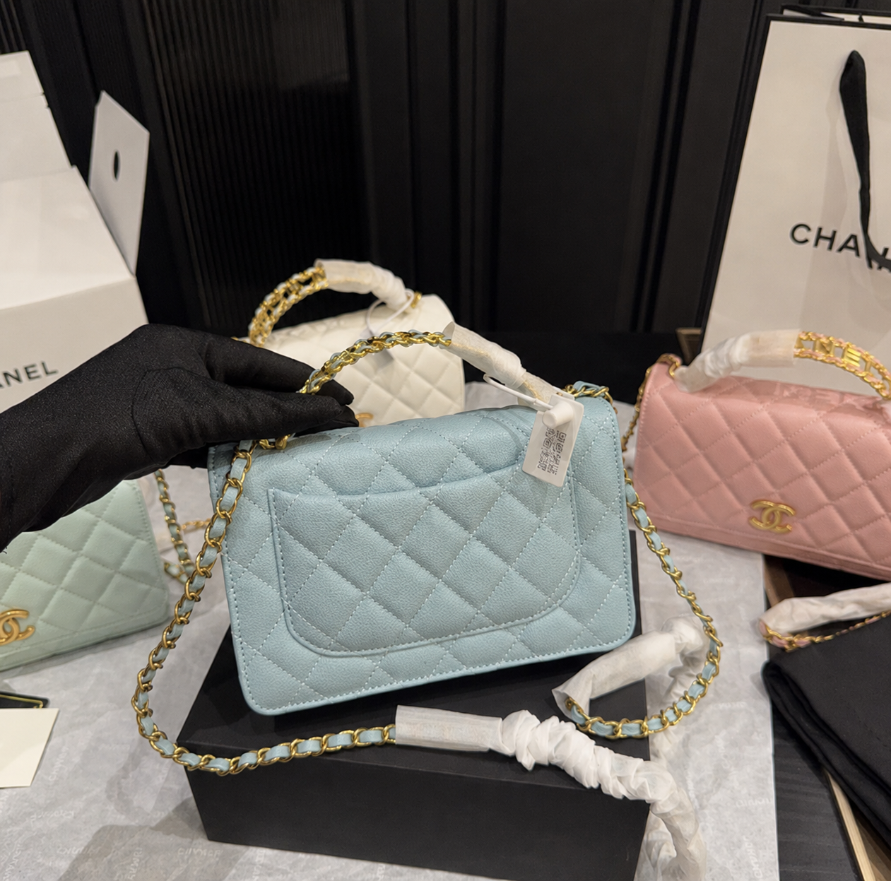 Pastel Blue Quilted Chain Shoulder Bag with Gold Hardware