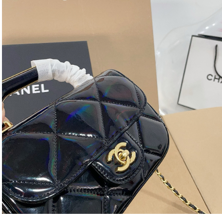 Glossy Black Quilted Top Handle Mini Bag with Gold Chain