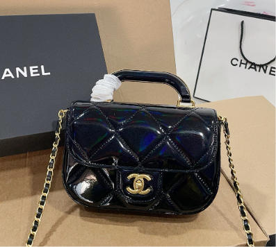 Glossy Black Quilted Top Handle Mini Bag with Gold Chain