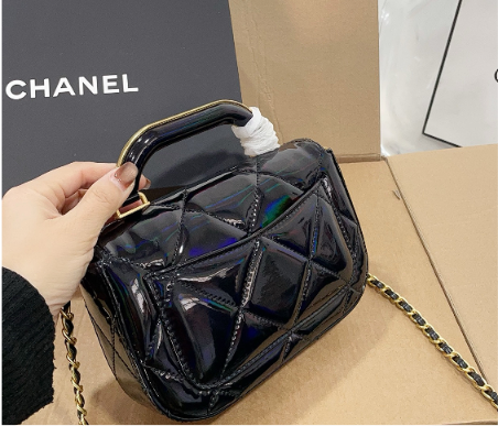 Glossy Black Quilted Top Handle Mini Bag with Gold Chain