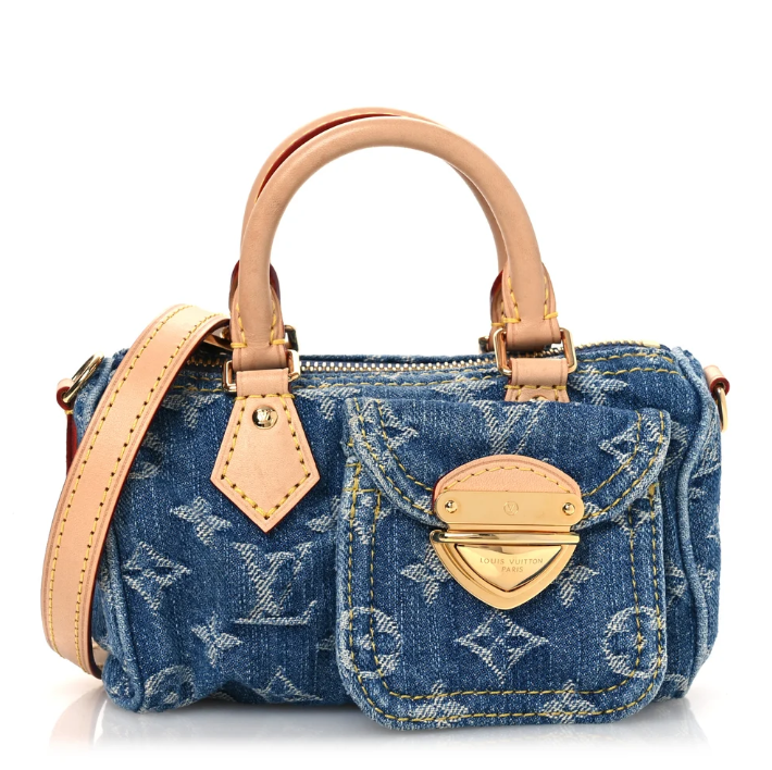 Blue Monogram Denim Mini Boston Bag with Leather Strap