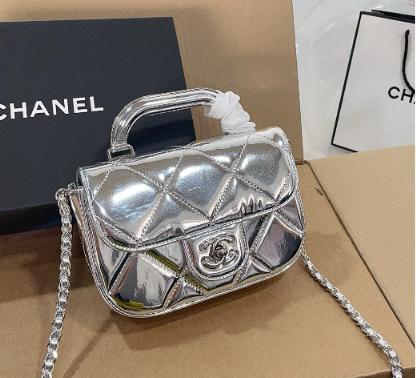 Glossy Black Quilted Top Handle Mini Bag with Gold Chain