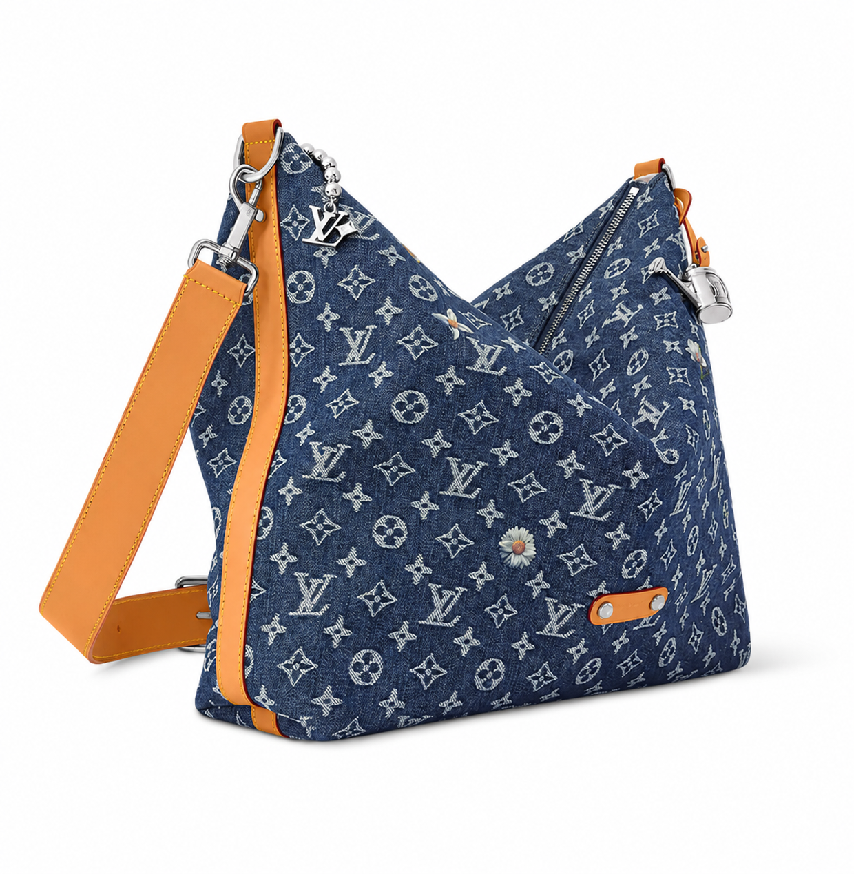 Denim Blue Monogram Hobo Shoulder Bag with Orange Strap
