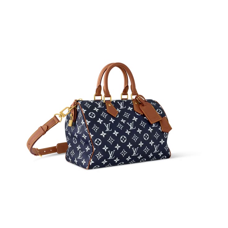 Navy Monogram Travel Boston Bag with Brown Leather Handles