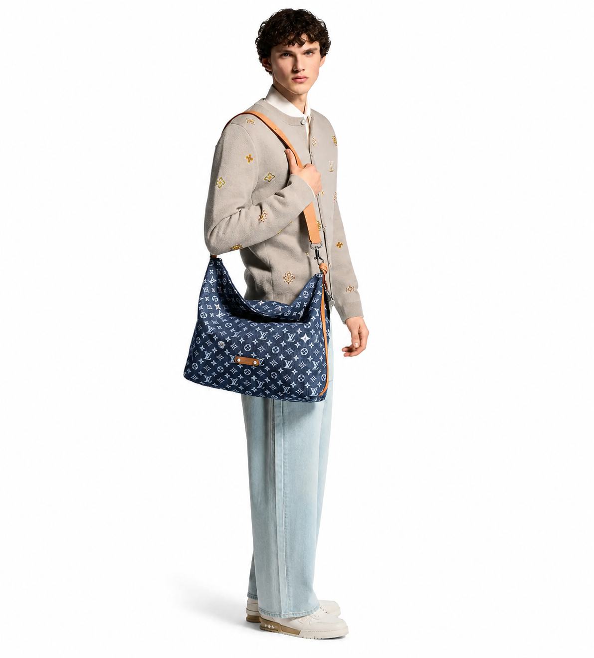 Denim Blue Monogram Hobo Shoulder Bag with Orange Strap