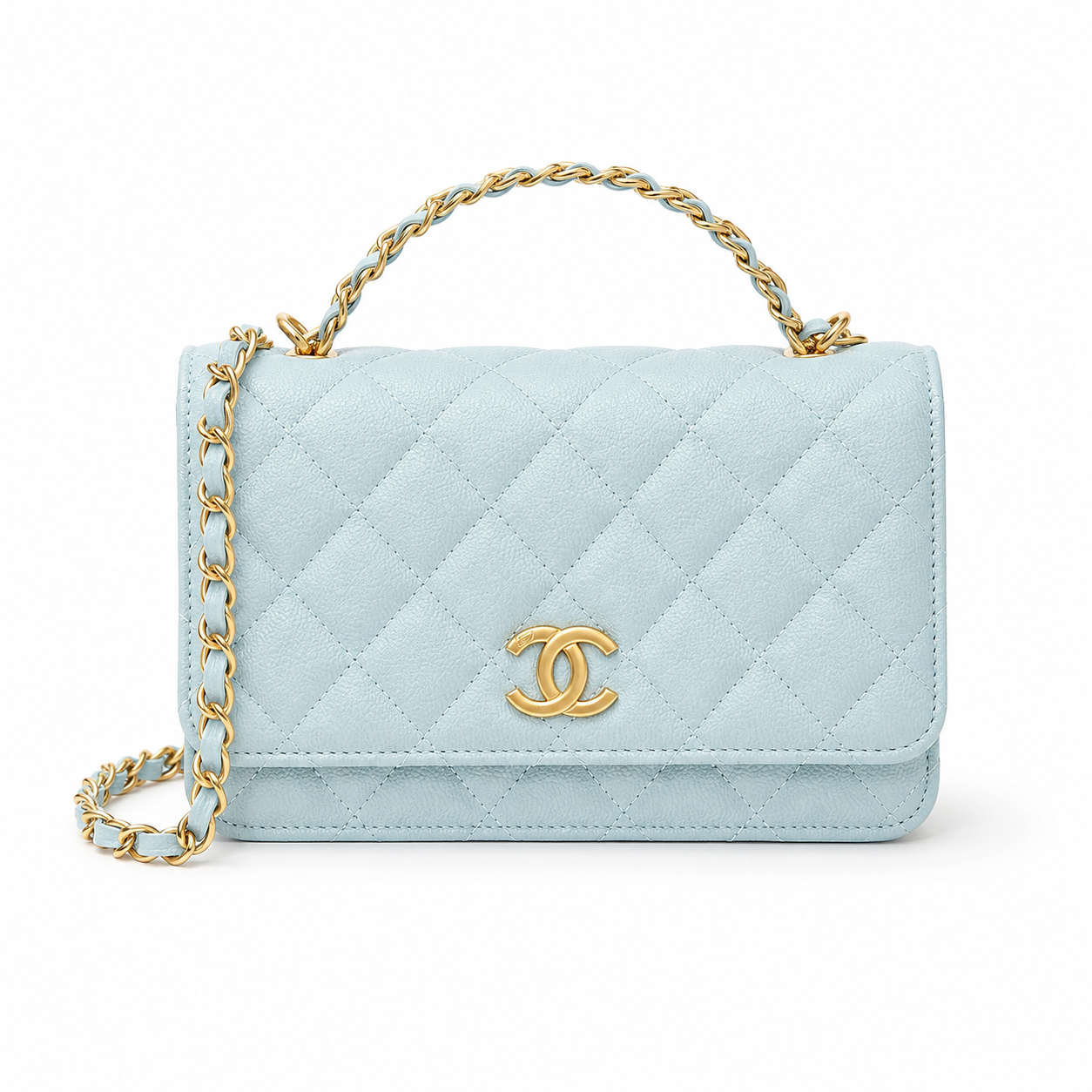 Pastel Blue Quilted Chain Shoulder Bag with Gold Hardware
