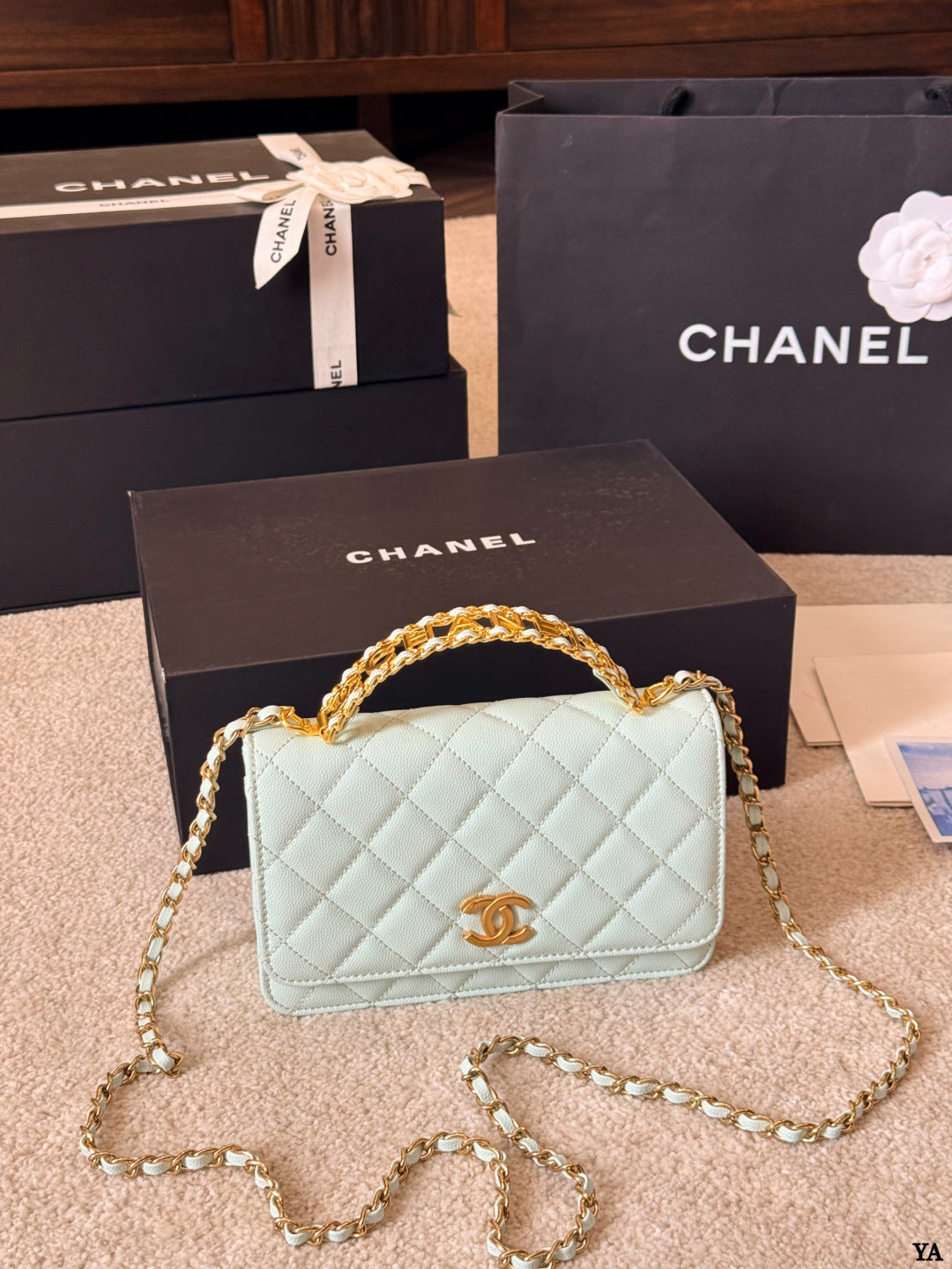 Pastel Blue Quilted Chain Shoulder Bag with Gold Hardware