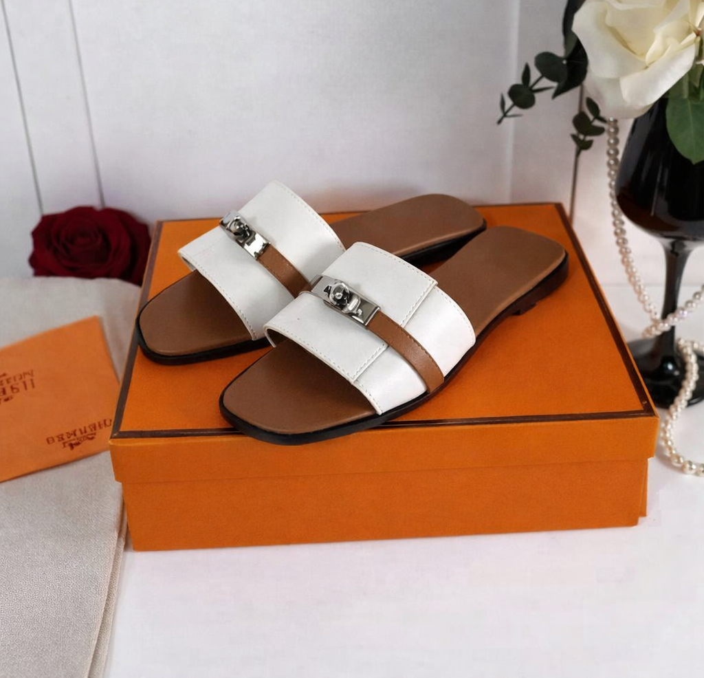 Luxury Black Leather Slides – Gold Detail Flat Sandals