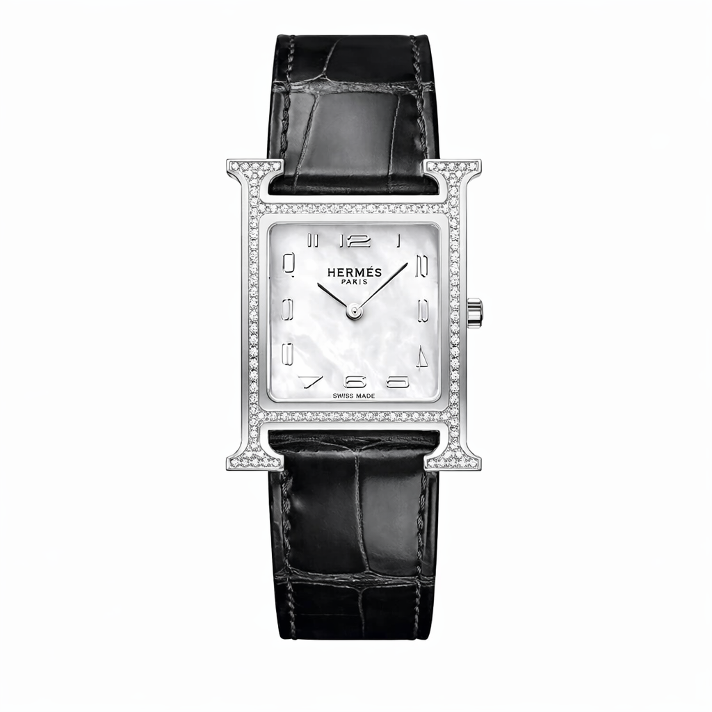 Luxury Diamond H Watch – 18K White Gold Plated Frame & Genuine Leather Strap