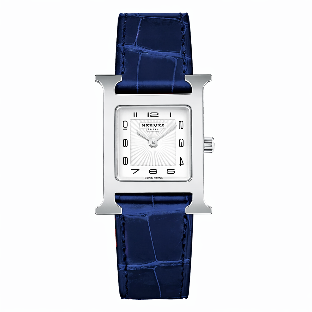 Luxury H Square Watch – 18K White Gold Plated Frame & Genuine Leather Strap