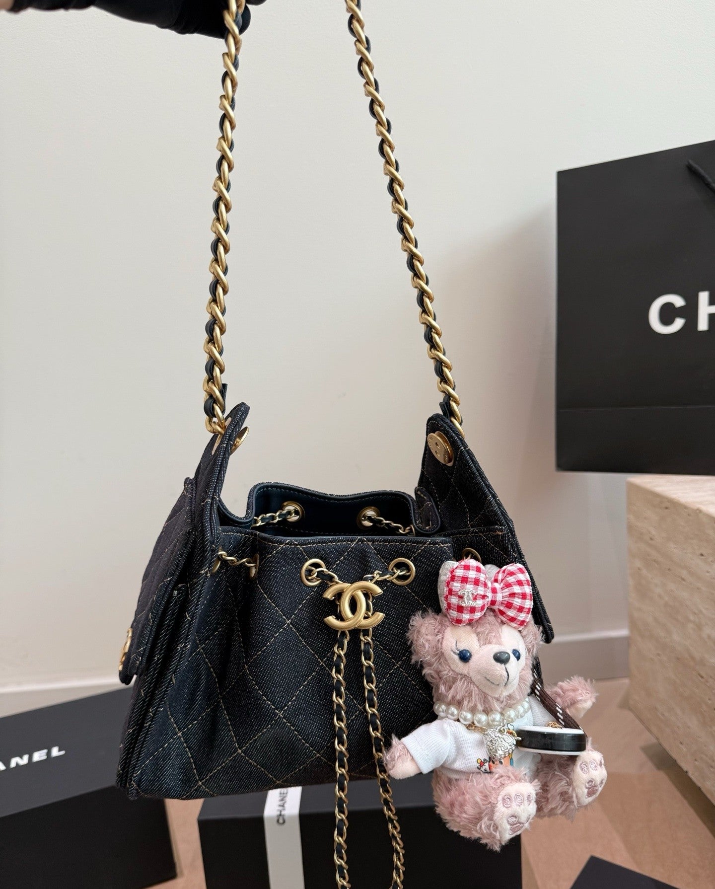 Denim Drawstring Bucket Bag – Washed Blue Luxury Edition