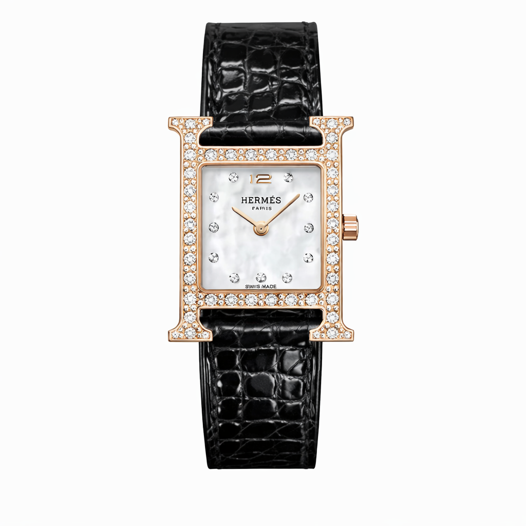 Luxury Diamond H Watch – 18K Gold Plated Frame & Genuine Leather Strap