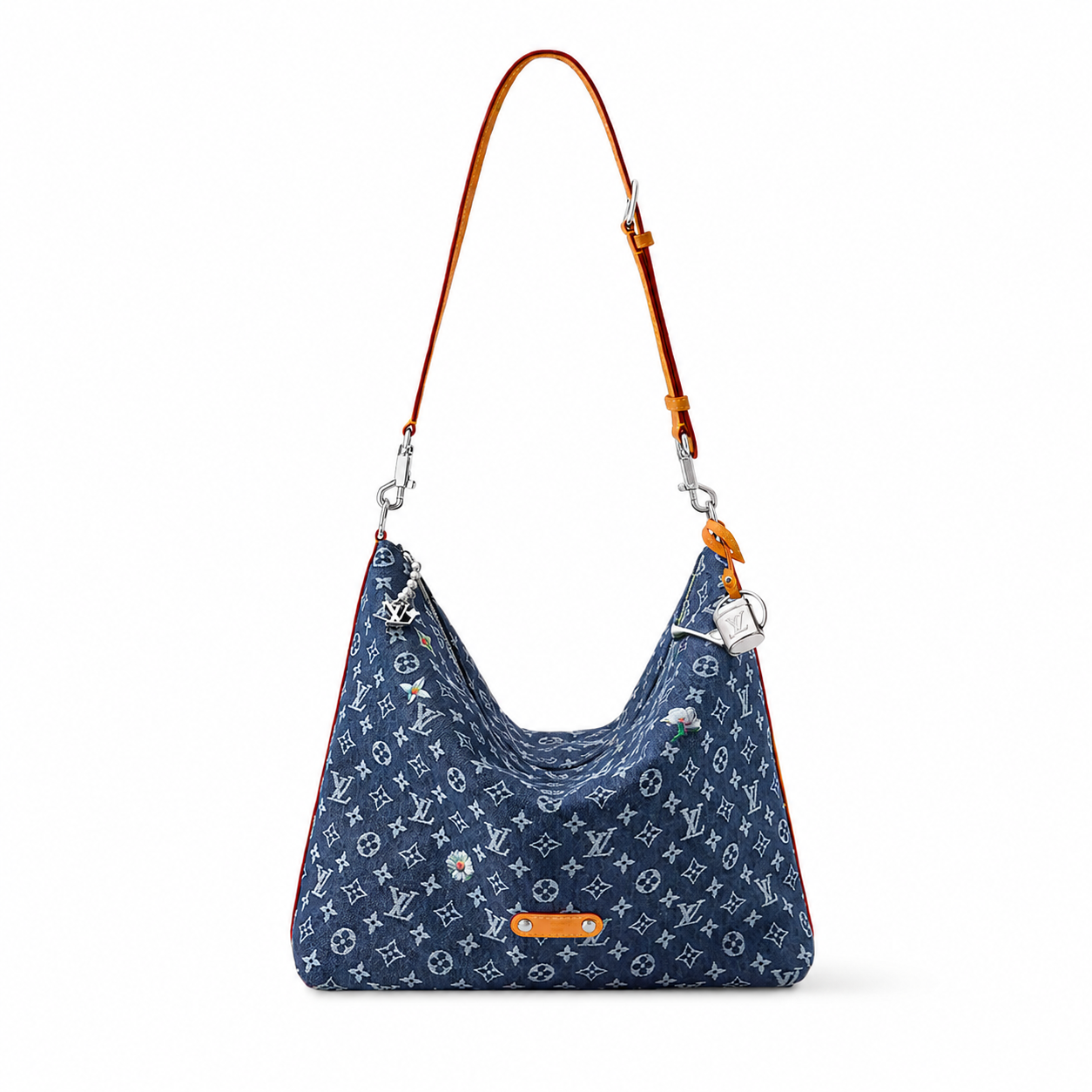 Denim Blue Monogram Hobo Shoulder Bag with Orange Strap