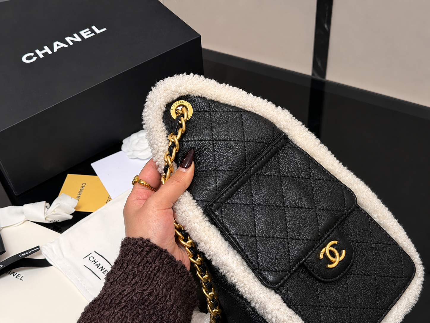 Quilted Shearling Trim Hobo Bag – Black Leather Edition