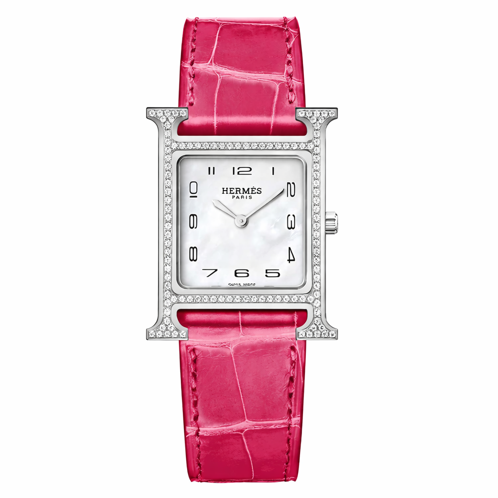 Luxury Diamond H Watch – 18K White Gold Plated Frame & Genuine Leather Strap