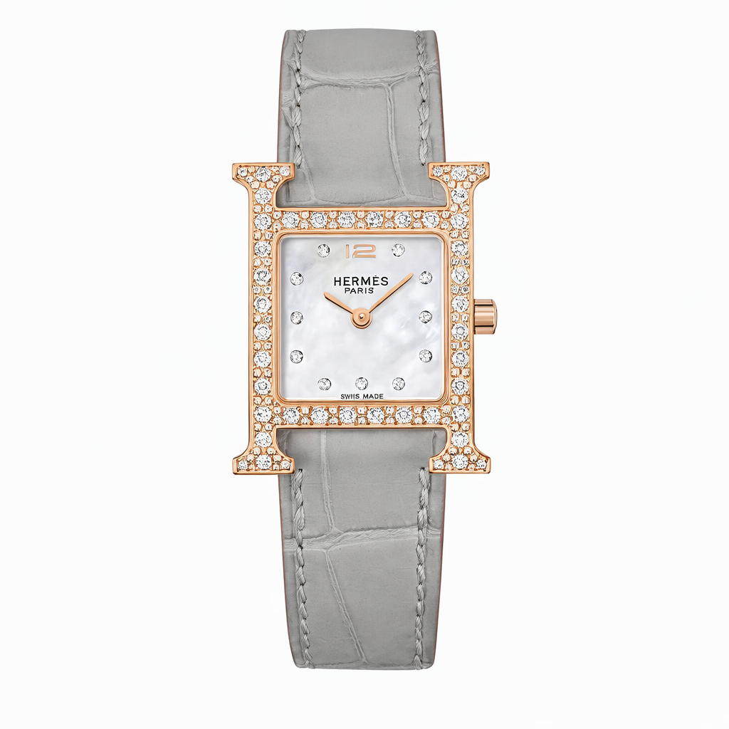 Luxury Diamond H Watch – 18K Gold Plated Frame & Genuine Leather Strap