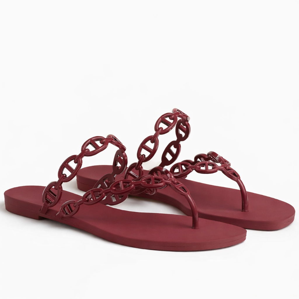 Burgundy Chain Sandals – Elegant Flat Summer Slides for Women