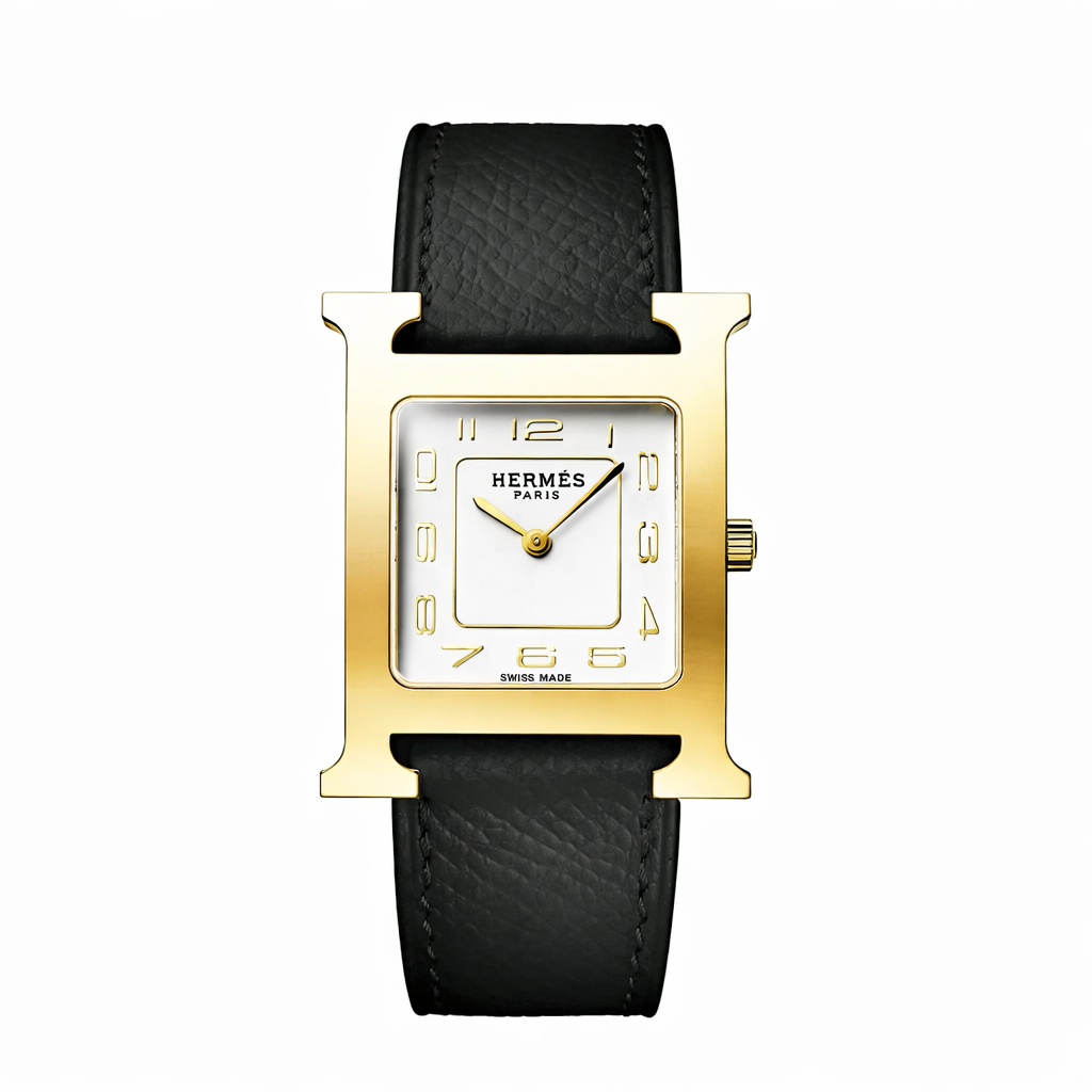 Luxury H Square Watch – 18K Gold Plated Frame & Genuine Leather Strap