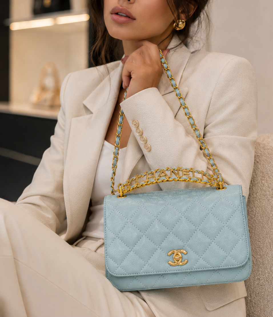 Pastel Blue Quilted Chain Shoulder Bag with Gold Hardware