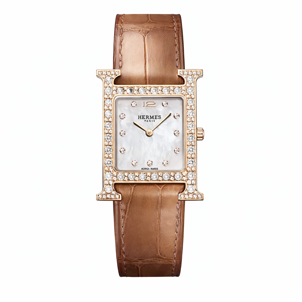 Luxury Diamond H Watch – 18K Gold Plated Frame & Genuine Leather Strap