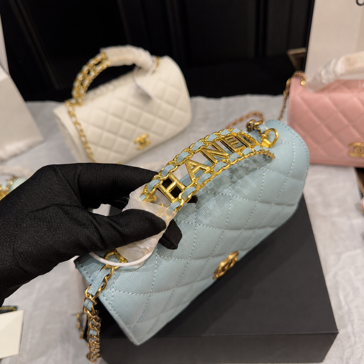 Pastel Blue Quilted Chain Shoulder Bag with Gold Hardware