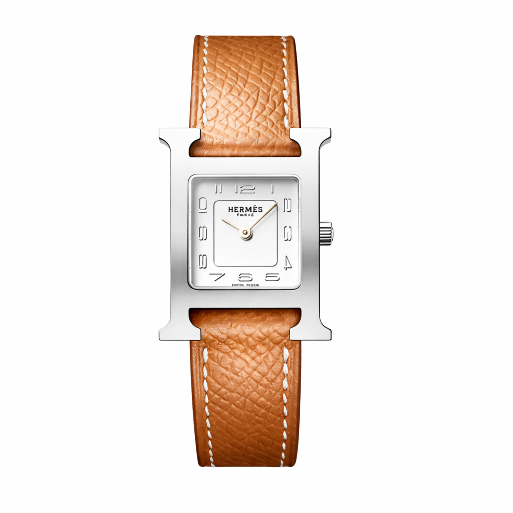 Luxury H Square Watch – 18K White Gold Plated Frame & Genuine Leather Strap