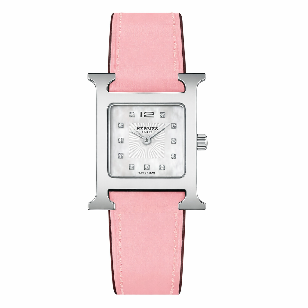 Luxury H Square Watch – 18K White Gold Plated Frame & Genuine Leather Strap