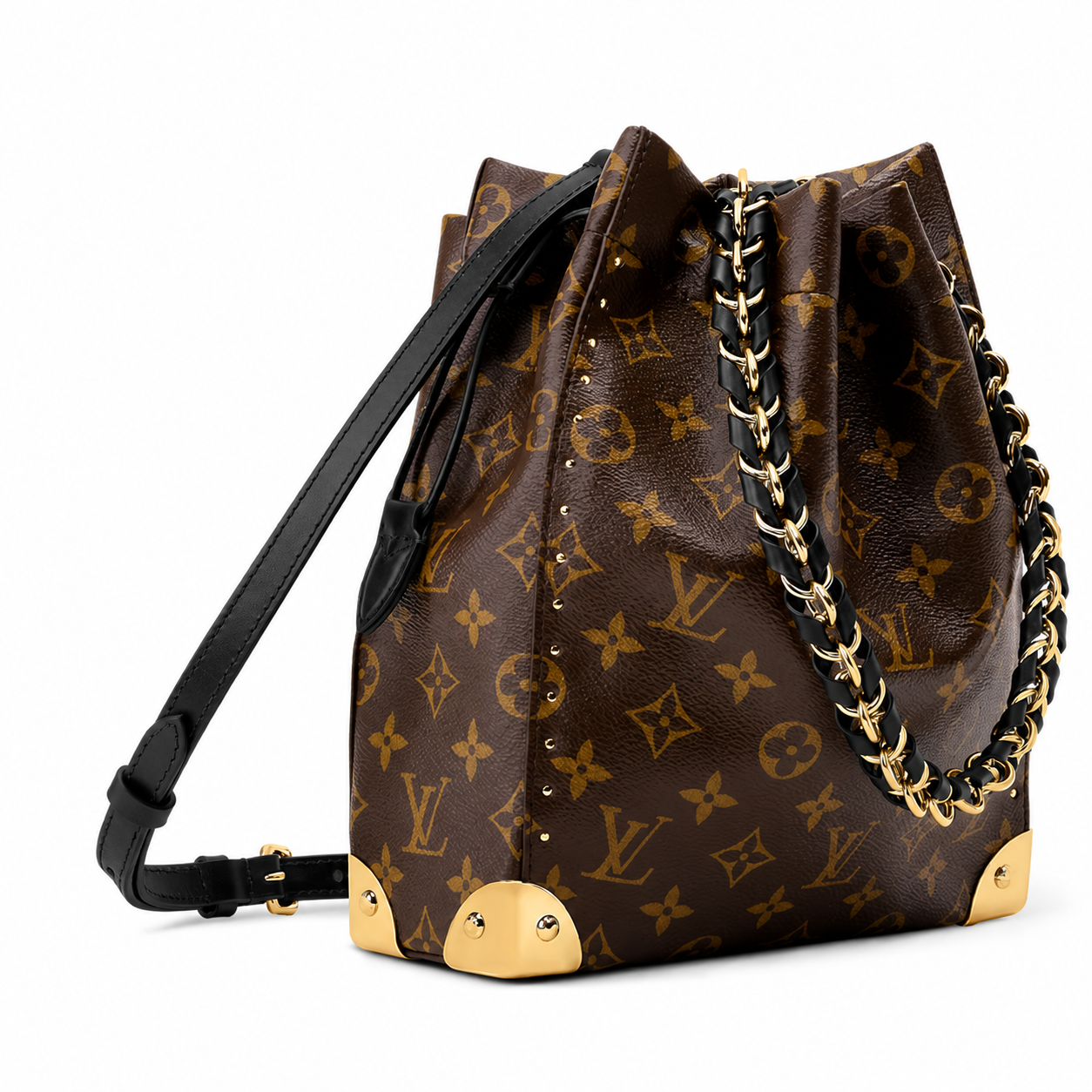 Luxury Genuine Leather Bucket Bag with Gold Chain Detail