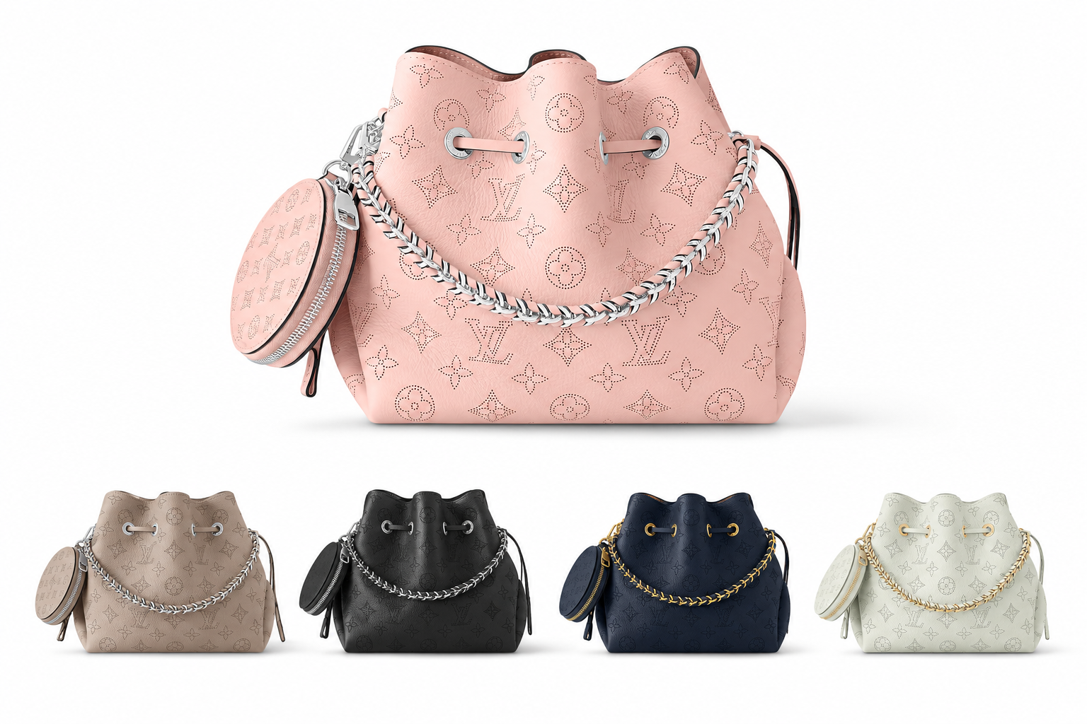 Perforated Leather Bucket Bag with Coin Pouch & Chain Handle