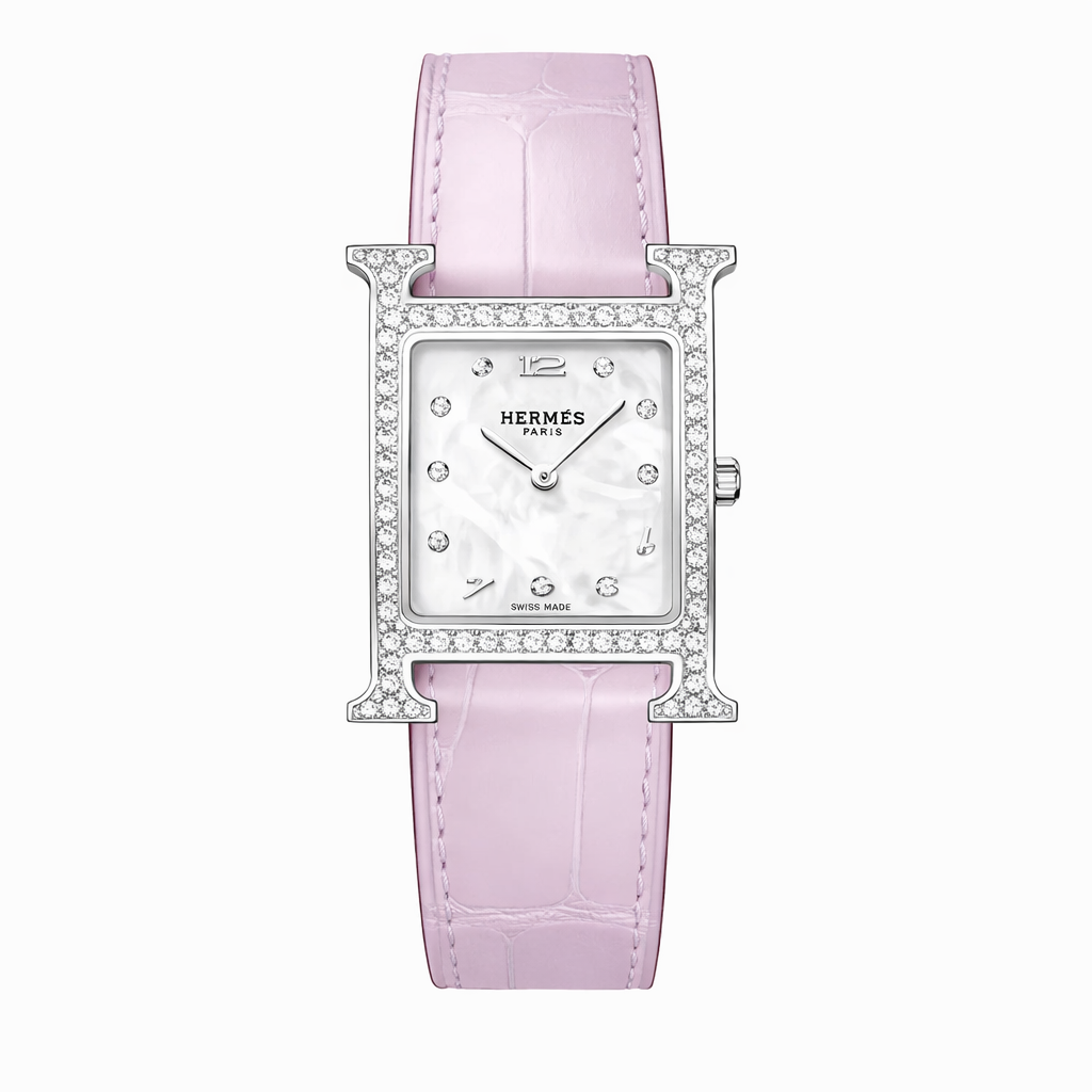 Luxury Diamond H Watch – 18K White Gold Plated Frame & Genuine Leather Strap
