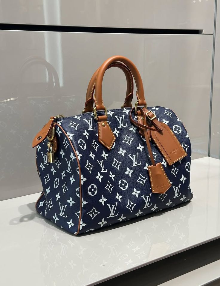 Navy Monogram Travel Boston Bag with Brown Leather Handles