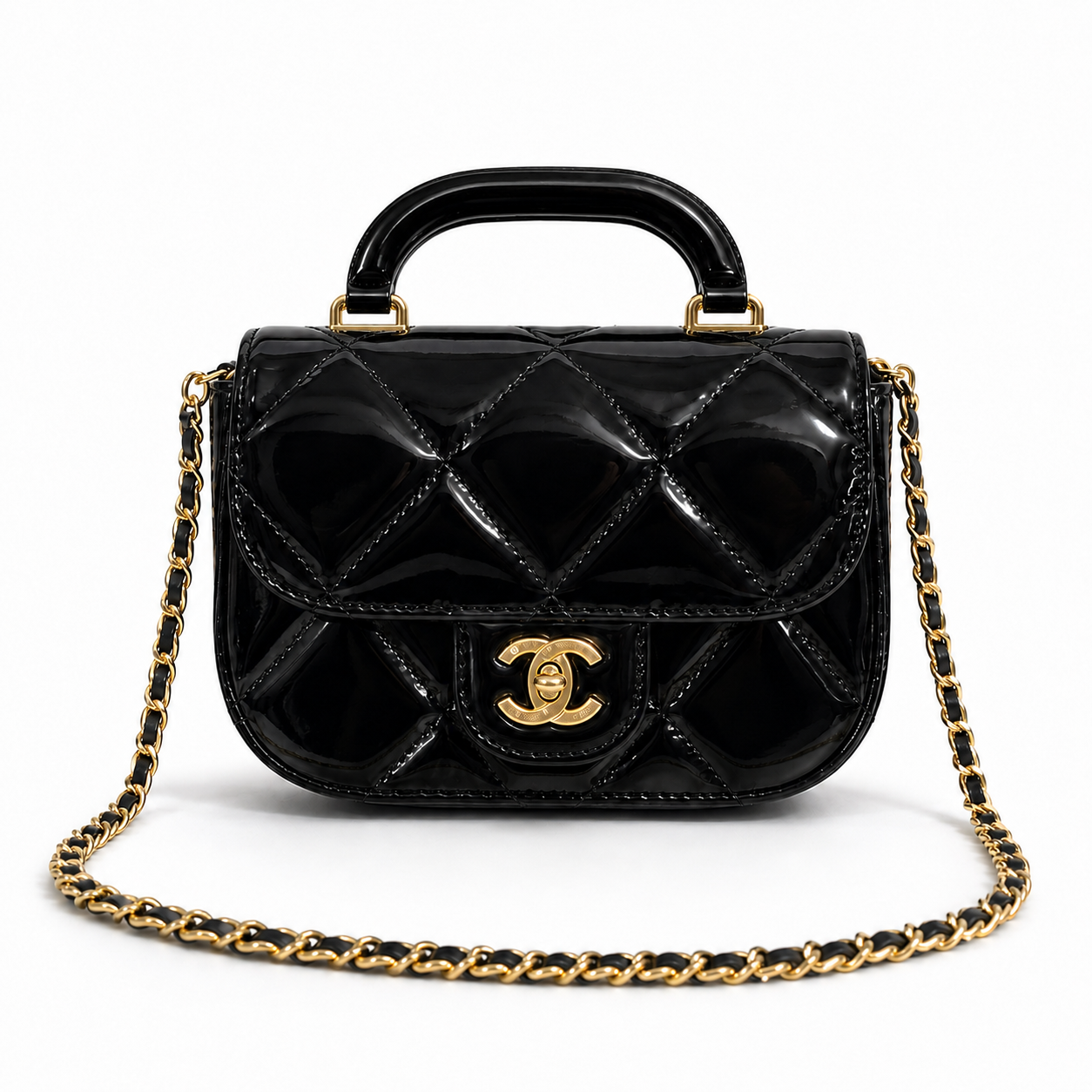 Glossy Black Quilted Top Handle Mini Bag with Gold Chain