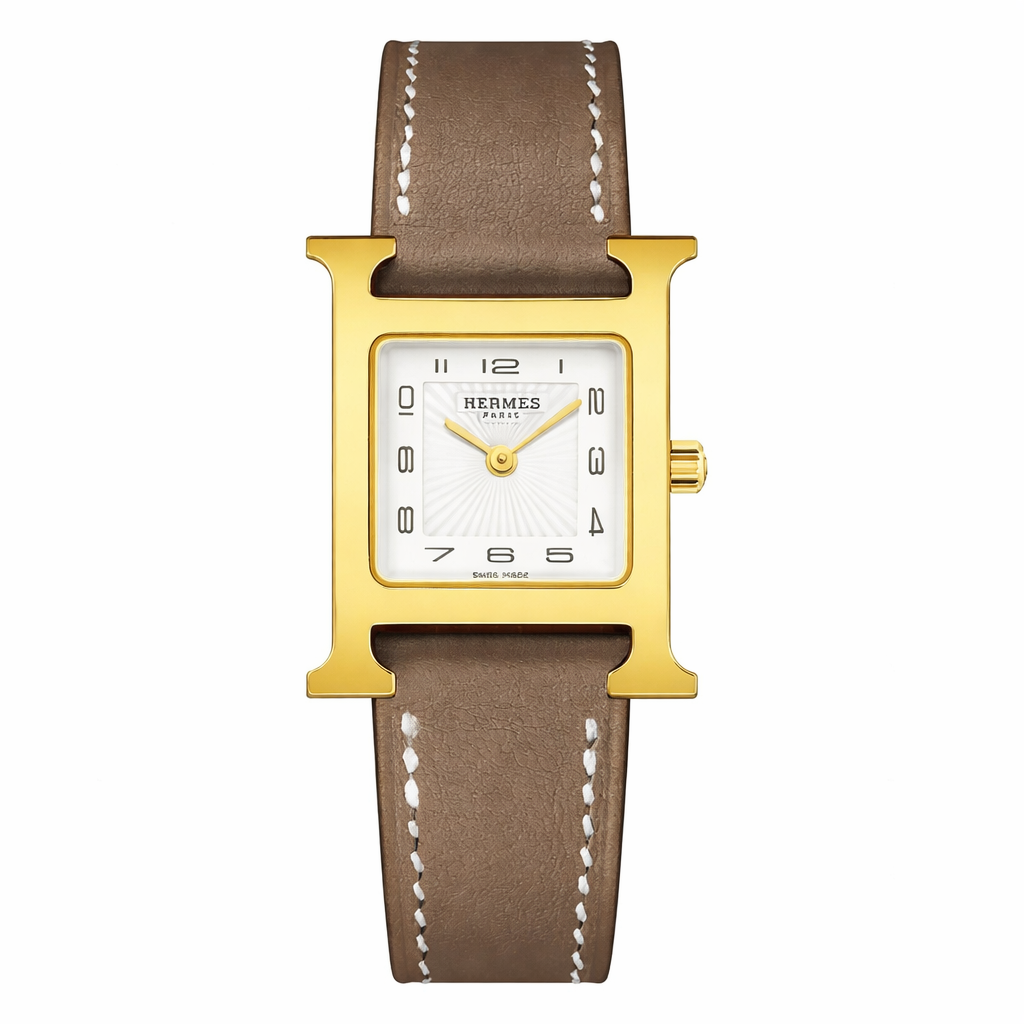 Luxury H Square Watch – 18K Gold Plated Frame & Genuine Leather Strap