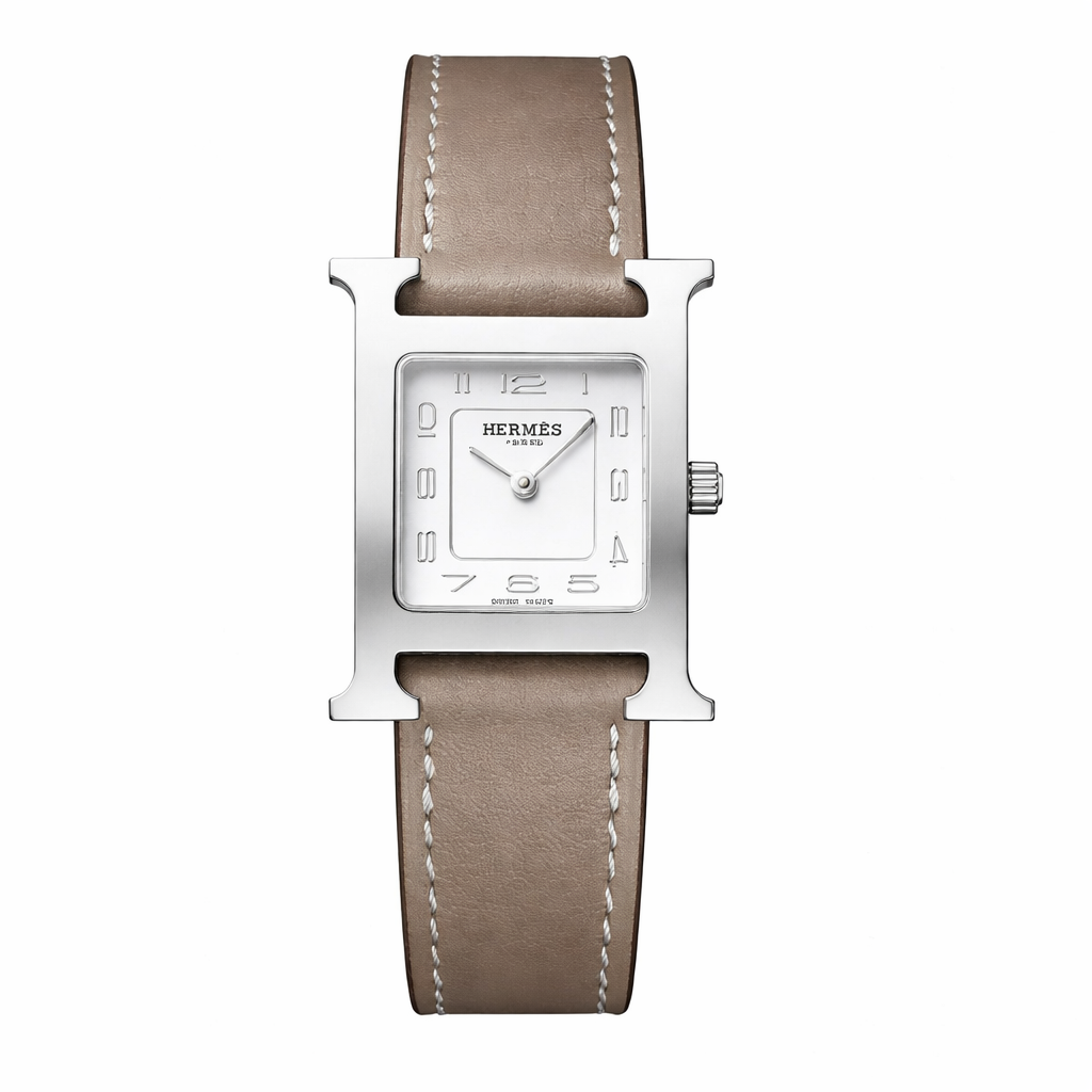 Luxury H Square Watch – 18K White Gold Plated Frame & Genuine Leather Strap
