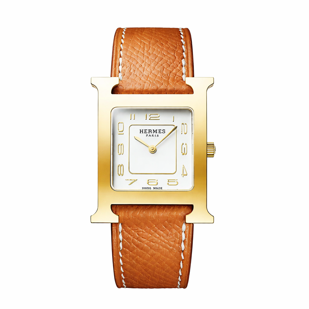 Luxury H Square Watch – 18K Gold Plated Frame & Genuine Leather Strap