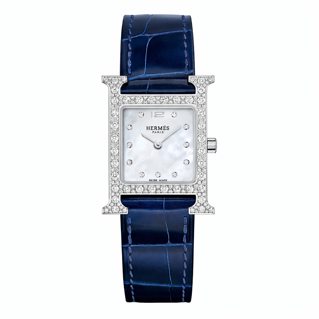 Luxury Diamond H Watch – 18K White Gold Plated Frame & Genuine Leather Strap