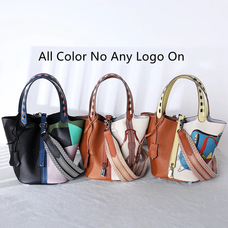 Genuine Leather Women's Luxury Bucket Bag with Lock