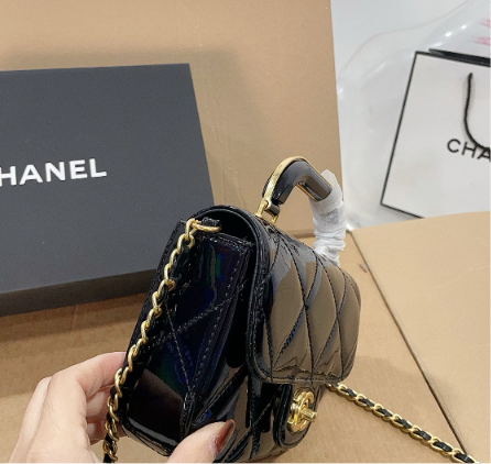 Glossy Black Quilted Top Handle Mini Bag with Gold Chain
