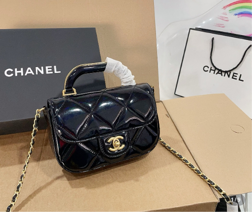 Glossy Black Quilted Top Handle Mini Bag with Gold Chain
