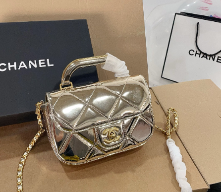 Glossy Black Quilted Top Handle Mini Bag with Gold Chain