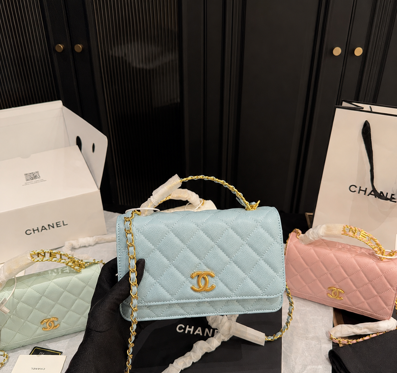 Pastel Blue Quilted Chain Shoulder Bag with Gold Hardware