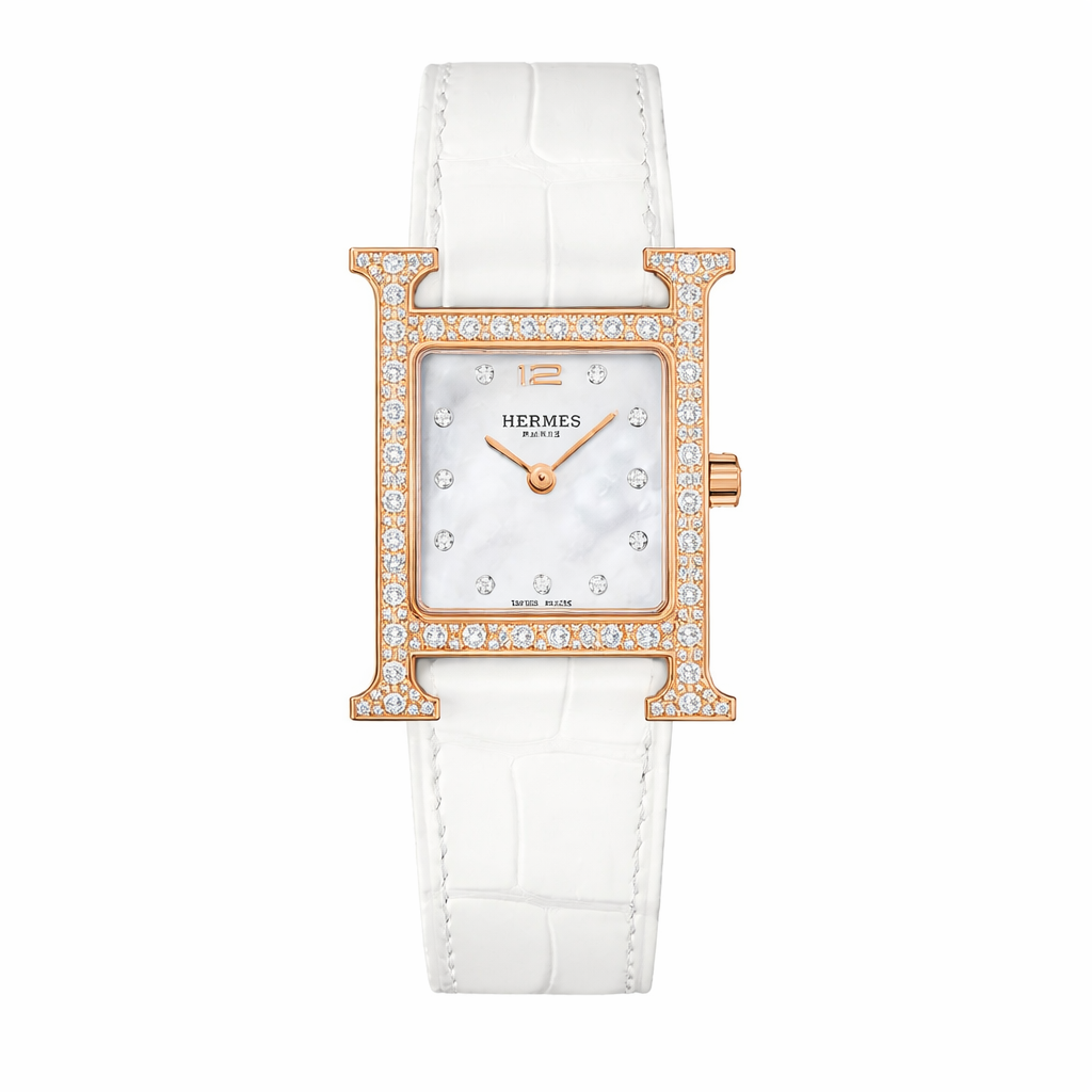 Luxury Diamond H Watch – 18K Gold Plated Frame & Genuine Leather Strap
