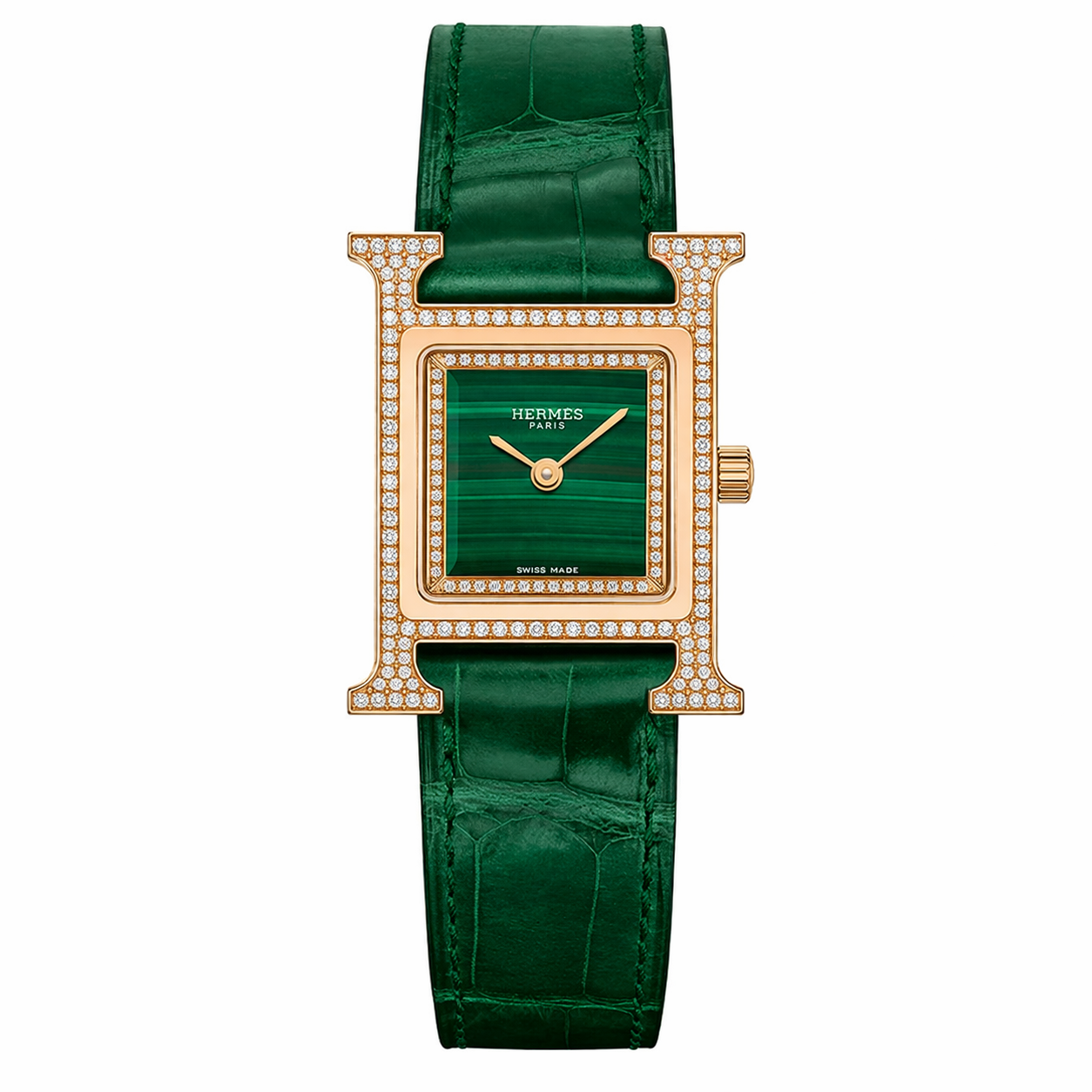 Luxury Diamond H Watch – 18K Gold Plated Frame & Genuine Leather Strap
