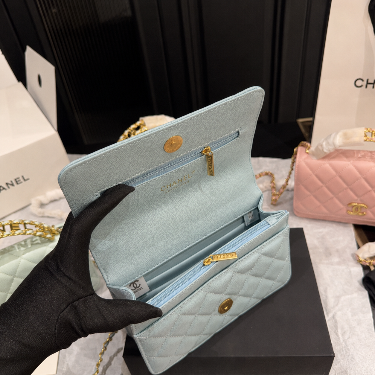 Pastel Blue Quilted Chain Shoulder Bag with Gold Hardware