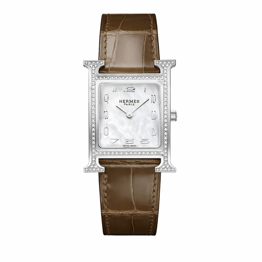 Luxury Diamond H Watch – 18K White Gold Plated Frame & Genuine Leather Strap