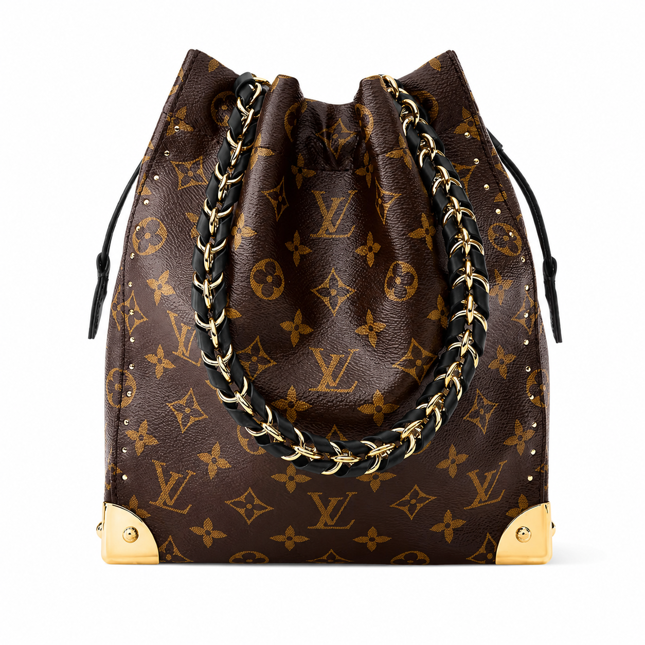 Luxury Genuine Leather Bucket Bag with Gold Chain Detail